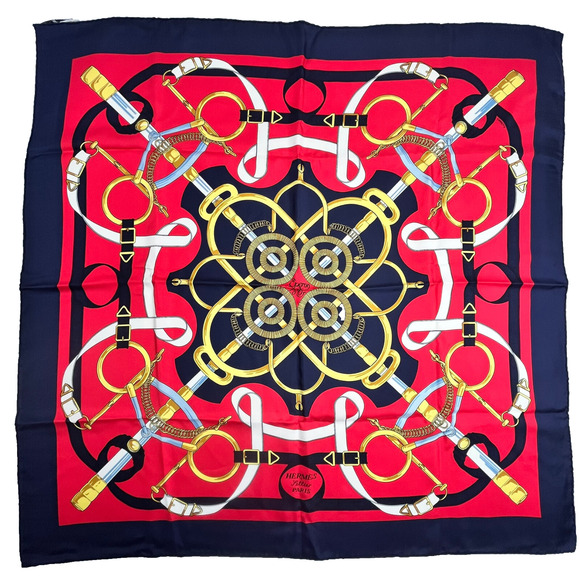 Hermès Eperon d'Or By Henri d'Origny Silk Scarf Blue Red Vintage w/ Box - Picture 1 of 16